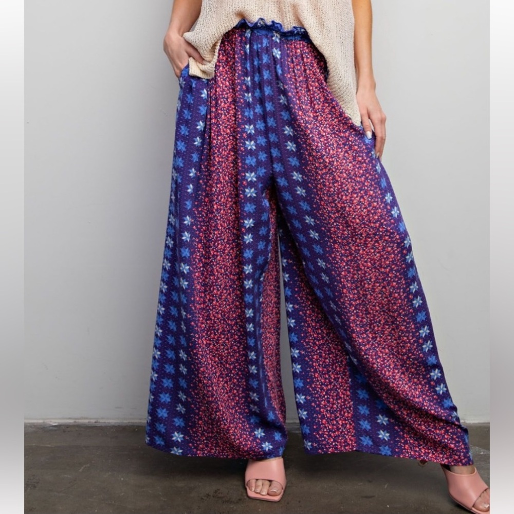 *Brand New* Easel Blue & Pink Floral Wide-Leg Pants Sz Medium